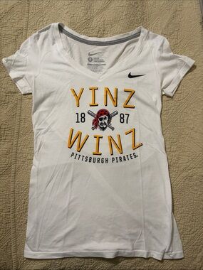 Nike women’s White Pittsburgh Pirates Yinz Winz Tee with gold Accents